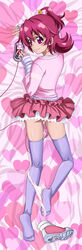 aida_mana blush bow clothing dokidoki!_precure eyelashes female flipped_hair hair_ornament hairbow half_updo heart highres long_image looking_back lying panties panty_pull pink_eyes pink_hair ponytail precure pretty_cure purple_legwear pussy_peek shiny shiny_skin shoes_removed skirt smile solo stockings tall_image thighhighs tied_hair tooo underwear vibrator