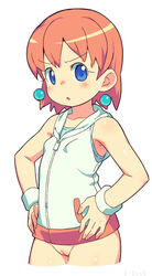 1girls :o annoyed bare_shoulders beauty_(bobobo) blue_eyes blush bobobo-bo_bo-bobo bottomless breasts collarbone cropped earrings hands_on_hips jewelry looking_at_viewer om_(artist) orange_hair pose posing pussy short_hair small_breasts solo standing tight_pussy tiny_breasts zipper