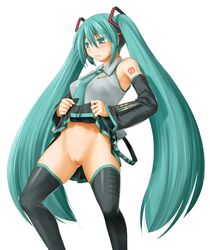 aqua_eyes aqua_hair bare_shoulders black_legwear blush bottomless detached_sleeves hair_ornament hatsune_miku headphones highres kasuga_yukihito long_hair necktie no_panties pussy revision skirt skirt_lift solo sweatdrop tattoo thighhighs tied_hair twintails underwear very_long_hair vocaloid