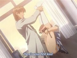 1boy animated censored fellatio female hard_translated immoral legs_up lowres open_mouth oral penis_kiss pov rape restrained subtitled translated