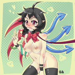 ahoge black_hair black_legwear breasts collar female greyface large_breasts leash naked_thighhighs nipples nude nue_houjuu pointy_ears pussy red_eyes short_hair snake solo tentacle thighhighs touhou uncensored v wings