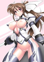 1girls armor blush bodysuit breasts brown_hair cameltoe casual_exposure covered_nipples erect_nipples female gloves large_breasts long_hair lyrical_nanoha magical_girl mahou_shoujo_lyrical_nanoha_strikers nipples ponytail puffy_sleeves purple_eyes pussy reverse_bikini_armor sakura_ryuuken see-through solo staff takamachi_nanoha tied_hair uncensored