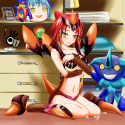 artist_request blush breasts cosplay cum duel_monster facial female highres navel number_19_freezerdon number_61_volcasaurus personification red_hair short_hair tears time_wizard wet yu-gi-oh! yukkuri_shiteitte_ne yuu-gi-ou_duel_monsters yuu-gi-ou_zexal