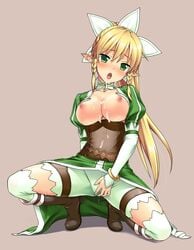 1girls alfheim_online blonde_hair braid breasts breasts_out cum drooling elf female fingering green_eyes leafa long_hair masturbation nipples pointy_ears punita solo sword_art_online sword_art_online:_fairy_dance sylph twin_braids