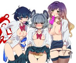 alternate_costume animal_ears asymmetrical_wings banned_artist black_hair black_legwear black_panties blush bottomless bow bowtie breasts breasts_out brown_eyes brown_hair condom condom_in_mouth contemporary dildo dress_shirt female gradient_hair grey_hair hand_on_hip hijiri_byakuren large_breasts mouse_ears mouth_hold multicolored_hair multiple_girls navel nazrin nipples no_bra no_panties nue_houjuu office_lady open_clothes open_shirt panties pencil_skirt poko_(mammypoko) purple_hair pussy red_eyes school_uniform shirt short_hair simple_background skirt skirt_lift skirt_pull smile thighhighs touhou two_tone_hair uncensored underwear white_background wings