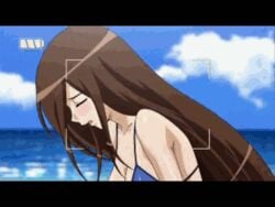 15_bishoujo_hyouryuuki animated beach bikini brown_hair erect_nipples female female_only fingering fingering_self kageko_satake lowres masturbation pussy_juice qvga screencap solo swimsuit