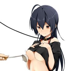 1girls black_hair bondage breast_poke breasts chuunibyou_demo_koi_ga_shitai! collar female ladle leash leash_and_collar ninnzinn nipples no_bra poking red_eyes shirt_lift solo takanashi_touka underboob