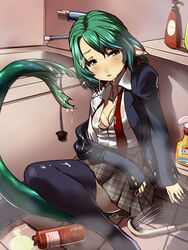 aqua_hair bath bathroom black_legwear blue_eyes blush cum cum_on_body cum_on_clothes cum_on_lower_body female highres monster_girl nekotama1987 original plaid plaid_skirt pointy_ears shirt short_hair shower_head sitting skirt solo suggestive_fluid tail thighhighs undone_necktie white_shirt