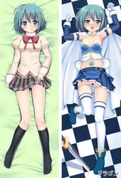 black_legwear blue_eyes blue_hair boots breasts buckle cape checkered checkered_background dakimakura dragon_(dakemakura) gloves kneehighs lying mahou_shoujo_madoka_magica midriff miki_sayaka multiple_views nipples on_back panties panty_pull pussy school_uniform short_hair skirt socks soul_gem striped striped_panties sword thighhighs uncensored underwear weapon white_legwear