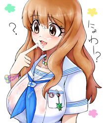 blush breasts brown_eyes brown_hair cum cum_on_breasts cum_on_upper_body facial idolmaster idolmaster_cinderella_girls large_breasts long_hair moroboshi_kirari open_mouth school_uniform