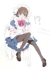 1boy black_legwear brown_hair crossdressing cum cum_in_hair cum_on_glasses cum_on_hair facial glasses green_eyes hosimo-mo2mo2 kyoukaisenjou_no_horizon maid male neshinbara_toussaint pantyhose solo text tights translation_request