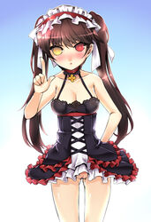 bare_shoulders blush breasts brown_hair character_request choker cleavage corset dress female frills gs_5th_star hair_ornament hair_ribbon hand_on_hip headband heterochromia highres hips kuro_(kuronell) long_hair looking_at_viewer maid_headdress nipples no_panties open_mouth pussy red_eyes ribbon see-through skirt solo sword_girls tied_hair twintails uncensored very_long_hair yellow_eyes