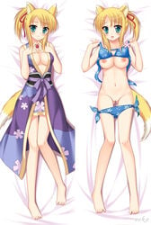 1girls animal_ears aqua_eyes barefoot blonde_hair breasts cleavage dakimakura dog_days feet female flower fox_ears fox_tail green_eyes hair_ribbon japanese_clothes jewelry large_breasts lying multiple_views necklace neko_(dakemakura) nipples on_back panties ponytail pussy ribbon side-tie_panties solo tail tied_hair uncensored underwear undressing yukikaze_panettone