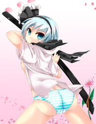 1girls ass blue_eyes blue_hair breasts cartoony dress_shirt female female_only from_behind hair_ribbon hairband hoodie leaf looking_back nipples no_bra no_pants open_clothes open_shirt panties ribbon scabbard sheathed shirt short_hair silver_hair solo striped striped_panties sword t.o.d touhou underwear weapon youmu_konpaku