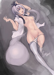 blue_eyes bottomless bow breasts female flat_chest hairbow navel nipples no_bra open_clothes open_shirt panties panty_pull pussy pussy_peek riftgarret short_hair silver_hair small_breasts solo thighhighs touhou uncensored underwear undone_necktie white_legwear white_panties youmu_konpaku youmu_konpaku_(ghost)