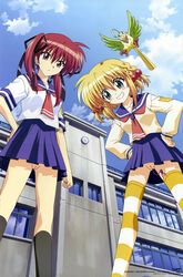 2girls absurdres blonde_hair bottomless bow clothed_masturbation clothing discreet_vibrator from_below green_eyes grin highres kanisawa_kinu konoe_sunao masturbation multiple_girls no_panties nude_filter outdoors photoshop pussy red_eyes red_hair school_uniform skirt sky smile stockings striped_thighhighs thighhighs tied_hair tsuyokiss twintails uncensored upskirt vibrator vibrator_in_thighhighs