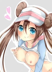 blue_eyes blush bottomless breasts brown_hair double_bun erect_nipples female female_only hat human nintendo nipples pokemon pokemon_bw2 raglan_sleeves rosa_(pokemon) self_fondle shirt_lift solo tam-out_(datam) tied_hair twintails