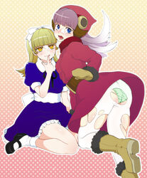 alice_(megami_tensei) anklehighs atlus bangs blonde_hair blue_eyes blush boots clothing cum devil_summoner dress facial female gloves hair_ribbon hairband hat licking_lips long_hair majoccoid mary_janes megami_tensei mittens mou_shobou multiple_girls panties pantyhose purple_hair ribbon shin_megami_tensei shoes socks torn_clothes torn_pantyhose turn_cuff_socks underwear white_legwear white_socks yellow_eyes young