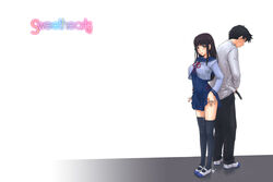 after_sex after_sex back-to-back bangs black_hair blunt_bangs blush comic cum cum_in_pussy cum_inside cumdrip eromanga female highres kisaragi_gunma long_hair looking_at_viewer manga panties panty_pull sailor_collar sasano_kun school_uniform shiraishi_kasumi shoes standing sweethearts thighhighs underwear uwabaki