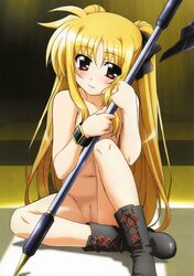 absurdres bardiche blonde_hair boots brown_eyes fate_testarossa female highres innie_pussy looking_at_viewer lyrical_nanoha mahou_shoujo_lyrical_nanoha mahou_shoujo_lyrical_nanoha_the_movie_1st nude nude_filter photoshop pussy sitting solo uncensored undressing weapon