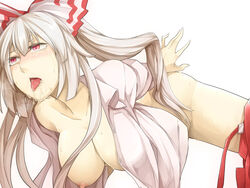 blush breasts female fujiwara_no_mokou hair_ornament hair_ribbon highres large_breasts long_hair matsura_(nagatosan) nakamura_regura nipples no_bra no_panties open_clothes open_mouth open_shirt pants_around_one_leg red_eyes regura ribbon saliva simple_background solo sweat tears tongue tongue_out touhou white_hair