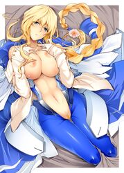 blonde_hair blue_eyes blush bodysuit braid breasts female flower kyoukaisenjou_no_horizon large_breasts long_hair looking_at_viewer lying mary_stuart nanao_(mahaya) navel nipples on_back pantyhose pubic_hair pussy solo thigh_gap thighs uncensored