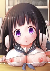 1girls :o bent_over black_hair breast_rest breasts bust chitanda_eru cum cum_on_body cum_on_breasts cum_on_upper_body female hyouka large_breasts long_hair looking_at_viewer muu_rian nipples no_bra page_tear popinta purple_eyes revealing_cutout see-through solo stuffed_animal stuffed_toy table