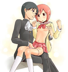 1boy 1girls black_hair blue_eyes blush breasts brown_eyes cravat duo female fingering glasses hand_in_panties masturbation navel nichijou nipples no_nose panties pants panty_pull petite plaid plaid_skirt red_hair sasahara_koujirou school_uniform shirt_lift short_hair shuuji_(shumi) skirt small_breasts tachibana_misato tears underwear white_background white_legwear