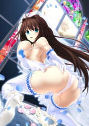 1girls anal_beads aozaki_aoko ass ass_grab bent_over blue_eyes breasts brown_hair dress enema female from_behind full_moon fusataka_shikibu gloves hair_intakes high_heels kneeling large_breasts long_hair looking_back mahou_tsukai_no_yoru moon nipples off_shoulder open_mouth panties petals presenting pussy_juice shoes solo stained_glass strap_slip thighhighs tsukihime type-moon underwear veil wedding_dress white_legwear white_panties