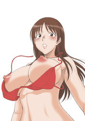 1girls bikini breasts brown_eyes brown_hair embarrassed erect_nipples female from_below kamisama_dolls large_breasts long_hair misnon_the_great nipples shiba_hibino solo swimsuit wardrobe_malfunction