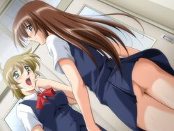 2girls ass blonde_hair blue_eyes blush brown_hair dutch_angle green_eyes long_hair looking_back mizuno_ryoko multiple_girls no_panties pussy school_uniform short_hair sweat tsuki_possession uncensored zyx