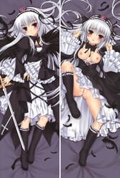 blush breasts dakimakura dress feathers flower frills gothic_lolita hairband legs lolita_fashion long_hair lying multiple_views open_mouth pussy red_eyes rose rozen_maiden silver_hair suigintou sword thighhighs uncensored vivi_(dakemakura) weapon zettai_ryouiki