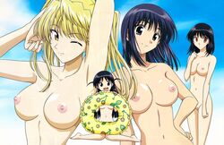 4girls black_hair blonde_hair blue_hair blue_sky breasts brown_eyes female female_only hand_on_hip hips innertube looking_at_viewer multiple_girls nipples nude nude_filter nudist photoshop pussy sawachika_eri school_rumble sky smile suou_mikoto tsukamoto_tenma tsukamoto_yakumo uncensored undressing wink