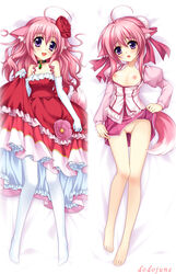 :d ahoge barefoot blush breasts dakimakura dodojune dog_days dress dress_lift elbow_gloves flower gloves hair_down hair_flower hair_ornament lying millhiore_f_biscotti multiple_views nipples no_panties on_back open_mouth pantyhose pink_hair purple_eyes pussy smile uncensored white_legwear