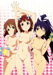 3girls absurdres amami_haruka ball blue_eyes blue_hair breasts brown_eyes brown_hair female ganaha_hibiki green_eyes hagiwara_yukiho highres idolmaster innie_pussy multiple_girls nipples nude nude_filter photoshop pussy red_hair small_breasts uncensored wink