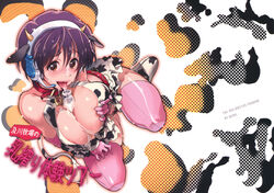 1girls andou_chikanori animal_ears areola_slip areolae bell bell_collar between_breasts blush bottle bottomless breast_squeeze breasts brown_eyes brown_hair collar cover cover_page cow_ears cow_print cowbell cum doujinshi elbow_gloves facial female gloves headset highres horns idolmaster idolmaster_cinderella_girls large_breasts milk milk_bottle no_panties object_between_breasts oikawa_shizuku open_mouth pubic_hair short_hair solo tail thighhighs tongue