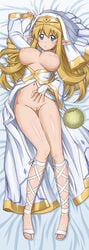 1girls bed_sheet blonde_hair blue_eyes blush breasts clothing elf feet female food fruit habit highres large_breasts long_hair long_image long_legs lying melon navel nipples no_panties nun on_back open_clothes open_mouth pointy_ears pussy sandals solo tall_image tiffania_westwood tooo uncensored zero_no_tsukaima