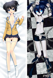 armpits arms_up bandaid belt bikini_top black_hair black_rock_shooter black_rock_shooter_(character) blue_eyes blush boots breasts buckle chains checkered checkered_floor choker collarbone dakimakura dakimakura_design dragon_(dakemakura) dual_persona fingernails hair_between_eyes knees_together_feet_apart kuroi_mato legs long_hair long_legs long_sleeves looking_at_viewer lying multiple_views navel nipples no_bra no_shoes on_back open_clothes open_mouth open_shirt pale_skin panties panty_pull pleated_skirt pussy ringed_eyes scar school_uniform short_hair shorts skinny skirt small_breasts socks thigh_gap torn_clothes unbuttoned uncensored underwear uniform white_panties