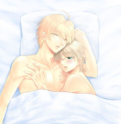 2boys after_sex ahoge akatsuki3 antenna_hair arthur_pendragon_(fate) bare_shoulders bed bed_sheet blonde_hair blush clenched_hand closed_eyes collarbone couple covering duo eyebrows_visible_through_hair fate/extra fate/prototype fate_(series) from_above gawain_(fate) green_eyes hair_over_one_eye half-closed_eyes hug looking_at_another lying male_only multiple_boys multiple_males neck nude nude_cover on_back on_bed on_side open_mouth pillow romantic short_hair sleeping type-moon under_covers yaoi