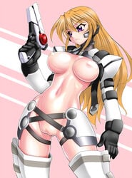 adapted_costume armor armwear belt blush bodysuit breasts casual casual_exposure casual_nudity cross_mirage exposed_torso female firearm gun handgun handwear human large_breasts legwear long_hair lyrical_nanoha mahou_shoujo_lyrical_nanoha_strikers nipples orange_hair pale_skin purple_eyes pussy sakura_ryuuken see-through solo teana_lanster thighhighs uncensored weapon