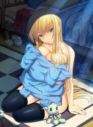 1girls arm_support black_legwear blonde_hair blue_eyes blush breast_press breasts female highres long_hair naked_thighhighs nipple_slip nipples nude original solo stuffed_animal stuffed_toy thighhighs ulisutariasu very_long_hair