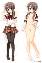 1girls barefoot bow breasts brown_eyes brown_hair dakimakura female hiramatsu_taeko kore_wa_zombie_desu_ka? lying multiple_views nipples nude on_back pantyhose pussy school_uniform skirt solo tied_hair twintails uncensored undressing vivi_(dakemakura)