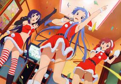 3girls aoba_tsugumi blue_hair bottomless christmas clannad clothing dango_daikazoku dress female female_only from_below highres innie_pussy kannagi microphone midriff multiple_girls nagi no_panties nude nude_filter photoshop purple_hair pussy red_hair santa_costume skirt uncensored upskirt zange