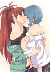 2girls asymmetrical_docking back bare_shoulders black_panties blue_eyes blue_hair blush bow bra breast_press breasts brown_eyes brown_hair couple female female_only french_kiss hair_ornament hairbow hairclip hug jacket kissing long_hair mahou_shoujo_madoka_magica midriff miki_sayaka misu_kasumi multiple_girls mutual_yuri navel nipples no_bra off_shoulder open_bra open_clothes open_jacket open_skirt panties sakura_kyouko shirt shirt_lift short_hair skirt sweat tongue tongue_out underwear undressing white_bra white_panties yuri