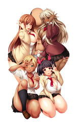 4girls ass black_hair black_legwear blonde_hair blue_eyes breasts brown_hair bulge cleavage crotch_grab dark_skin double_handjob double_v eri_(sei_yariman_gakuen_enkou_nikki) faceless faceless_male fat_man gyaru hair_ribbon hand_on_ass handjob harem highres kuro_gyaru large_breasts long_hair mana_(sei_yariman_gakuen_enkou_nikki) mario_(artist) miho_(sei_yariman_gakuen_enkou_nikki) multiple_girls multiple_handjob multiple_penises navel necktie orange_eyes orcsoft panties penis rei_(sei_yariman_gakuen_enkou_nikki) ribbon school_uniform sei_yariman_gakuen_enkou_nikki short_hair skirt sleeves_rolled_up smile socks sweat team_handjob tied_hair twin_handjob twintails underwear v white_background yellow_eyes