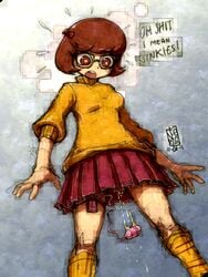 brown_eyes brown_hair clothing discreet_vibrator egg_vibrator english female female_only freckles glasses hanna-barbera human j-e-m-g kneehighs pleated_skirt profanity pussy_juice scooby-doo short_hair signature skirt sleeves_pushed_up solo sweater thigh_strap turtleneck velma_dinkley vibrator vibrator_under_clothes