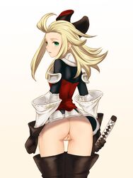 1girls armor armored_dress ass blonde_hair boots bow bravely_default:_flying_fairy edea_lee fair-skinned_female fair_skin female gloves green_eyes hairbow highres hou_(hachiyou) katana light-skinned_female light_skin long_hair looking_at_viewer no_legwear no_panties pussy solo sword thigh_boots thighhighs uncensored upskirt weapon white_background