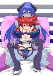 2demons :p astaroth_(shinrabanshou) black_sclera blue_hair blue_skin blush breasts clitoris clothing collar colored covered_breasts crossover demon_girl demon_horns demon_tail disgaea earrings elbow_gloves erect_clitoris etna female flat_chest gloves heart heart_tail horns huge_breasts jewelry large_breasts legs long_hair multiple_girls nabe0721 naughty_face navel open_mouth panties pantyshot pillow pointy_ears red_eyes red_hair shinrabanshou skirt smile spread_legs stockings tail thighhighs thighs tongue tongue_out underwear wings yellow_eyes yuri