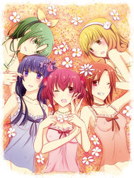 aoki_reika blonde_hair blue_eyes blue_hair blush bow camisole clothing covered_nipples erect_nipples female flower frills green_eyes green_hair grin hairbow hino_akane hoshizora_miyuki isya jewelry long_hair lying midorikawa_nao multiple_girls navel necklace nipples on_back on_side one_eye_closed pink_eyes pink_hair ponytail precure pretty_cure rainbow_order red_eyes red_hair ribbon see-through see-through_clothing small_breasts smile smile_precure tied_hair twintails wink yayoi_kise yellow_eyes yuri