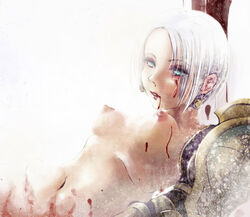 armor blood blue_eyes breasts earrings eyeshadow female female_only funakura human isabella_valentine jewelry makeup nipples nude short_hair solo soul_calibur white_hair